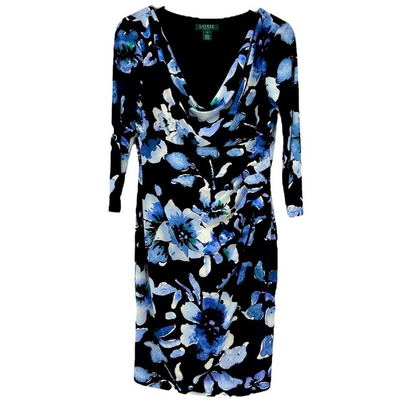 Lauren Ralph Lauren Black Blue Floral Old Money Draped Ruched Dress 12 - Picture 1 of 8